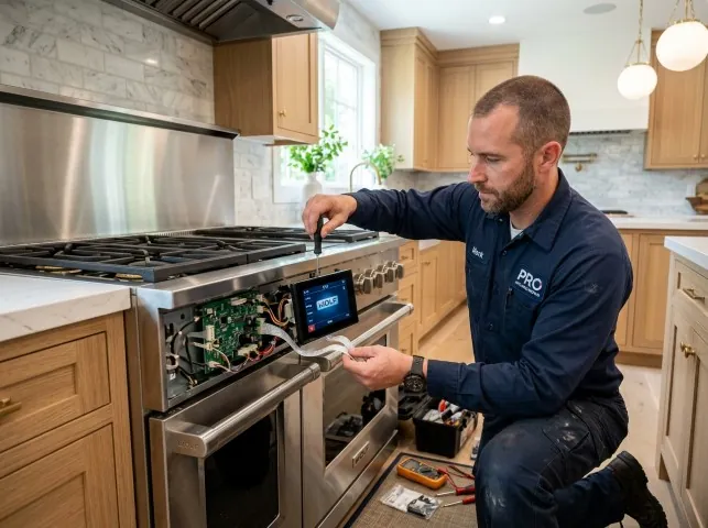 A technician working on the control board of a slide-in electric range