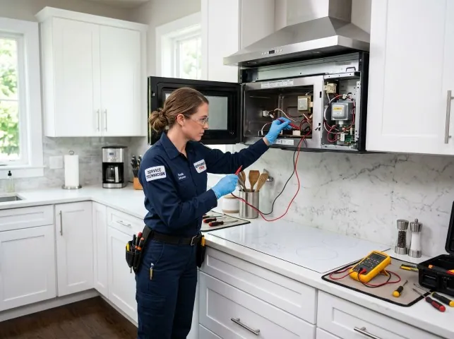 Appliance Repair Hero technician testing an over-the-range microwave in a Barnegat, NJ kitchen